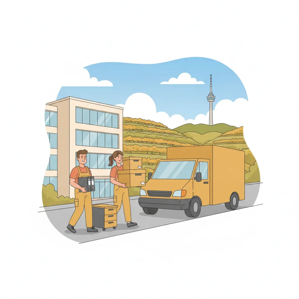 Comic-Illustration: zwei Träger verladen verpackte Bürokartons, Aktenordner und einen Schreibtischcontainer in einen geschlossenen Kastenwagen vor einem Stuttgarter Bürohaus in Hanglage mit dem Fernsehturm im Hintergrund – Büroumzug in Stuttgart