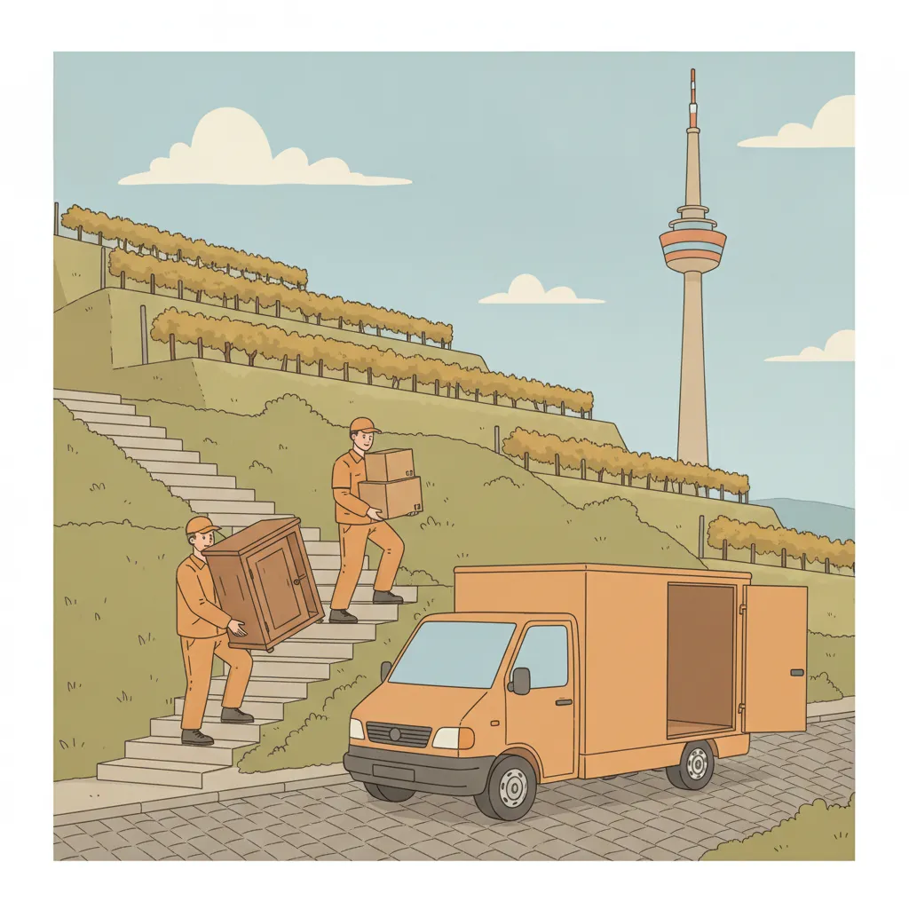 Comic-Illustration: zwei Helfer tragen Kartons und alte Möbel über eine Stäffele-Treppe an einem Stuttgarter Hang zum offenen Transporter, im Hintergrund der Fernsehturm und Weinberge – Entrümpelung in Stuttgart
