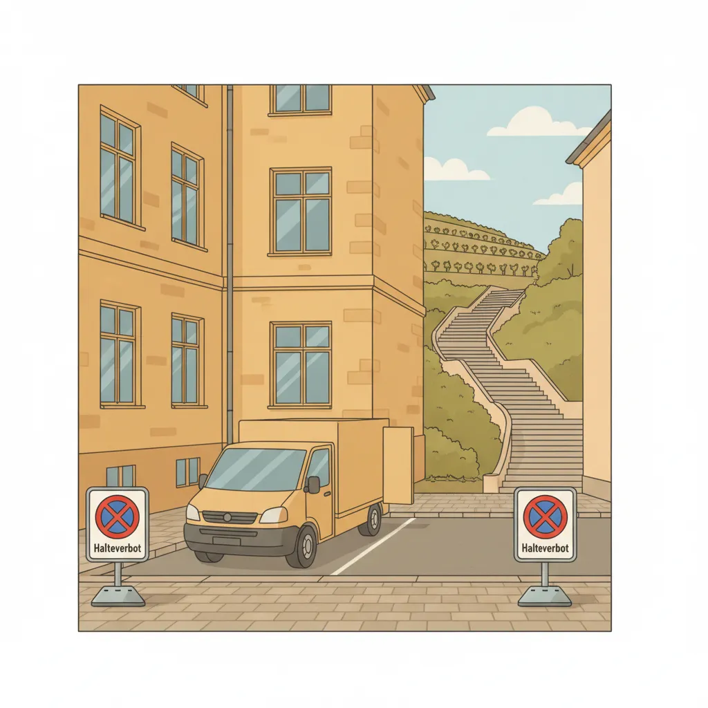 Comic-Illustration: zwei mobile Halteverbotsschilder mit freier Parklücke vor einem Stuttgarter Altbau in Hanglage, ein Transporter fährt heran – mobiles Halteverbot für den Umzug in Stuttgart