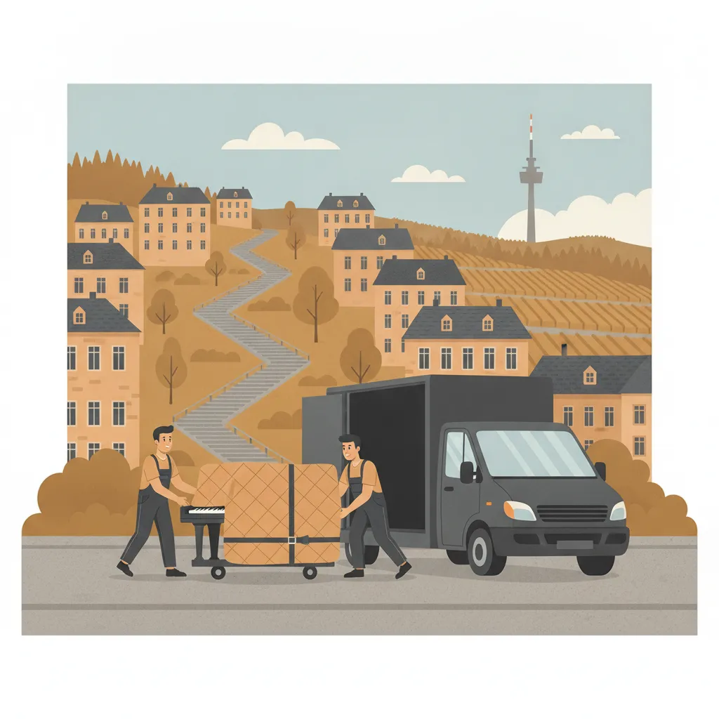 Comic-Illustration: zwei Träger bewegen ein gepolstertes Klavier auf einem Klavierroller zum Transporter vor einem Stuttgarter Hanghaus mit Weinbergen und Stäffele – Klaviertransport in Stuttgart