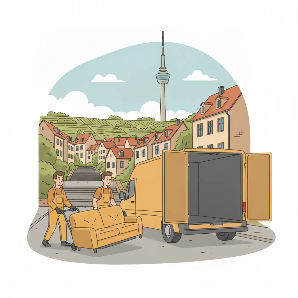 Comic-Illustration: zwei Träger schieben ein in Decken gepacktes Sofa auf einer Sackkarre zum Kastenwagen an einer steilen Stuttgarter Hanglage mit Stäffele-Treppe, im Hintergrund der Fernsehturm und Weinberge – Kleintransport in Stuttgart
