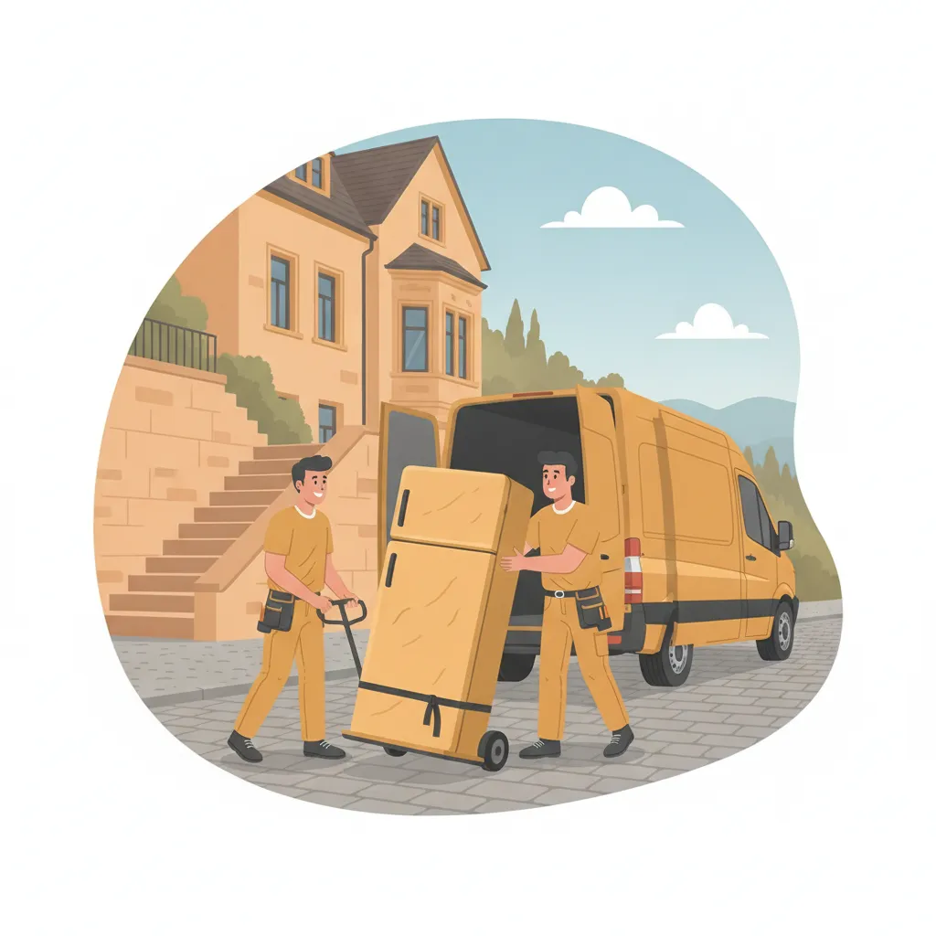 Comic-Illustration: zwei Träger bewegen einen stehend gesicherten Kühlschrank auf einer Sackkarre zum Transporter vor einem Stuttgarter Altbau am Hang mit Stäffele-Treppe im Stuttgarter Westen – Kühlschrank-Transport in Stuttgart