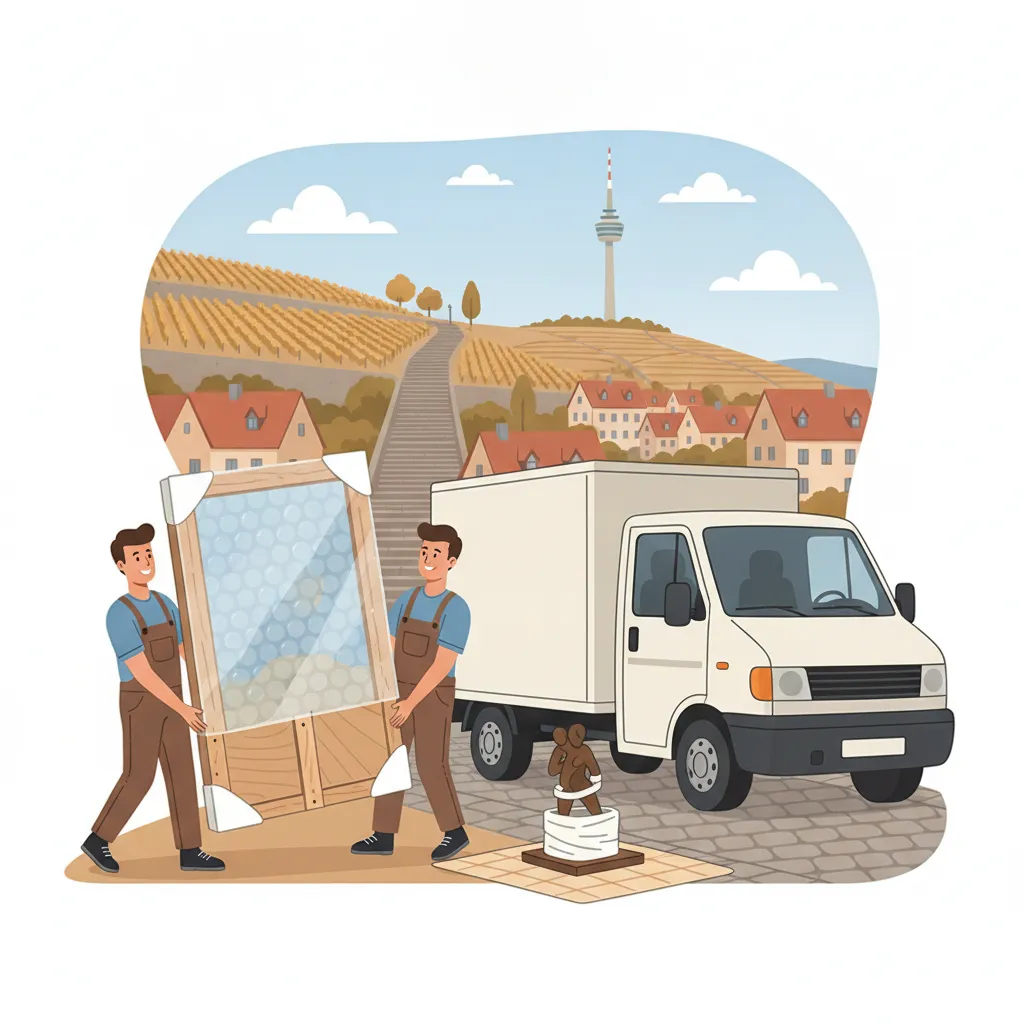 Comic-Illustration: zwei Träger tragen ein in Luftpolster und Holzkiste verpacktes gerahmtes Gemälde zu einem Transporter vor der Stuttgarter Kessellage mit Fernsehturm und Weinbergen – Kunsttransport in Stuttgart