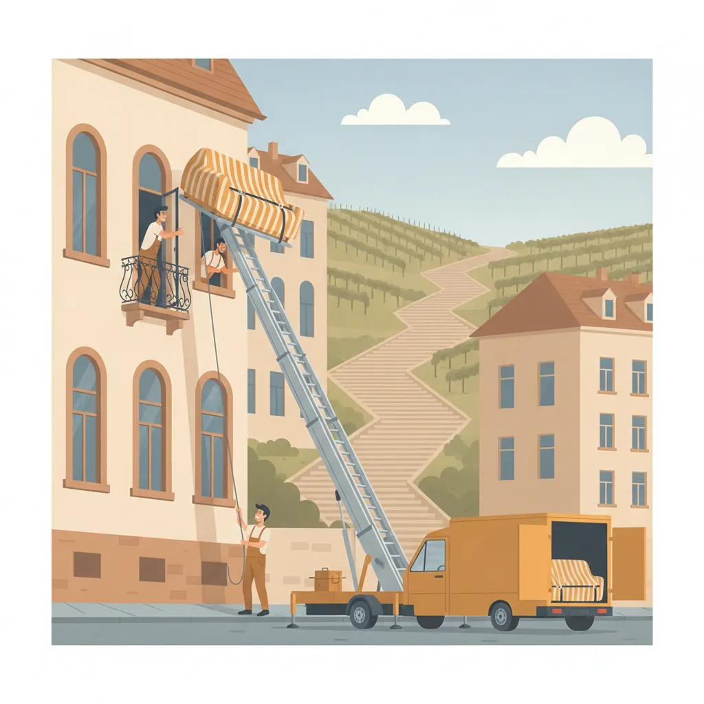 Comic-Illustration: ein schräg aufgestellter Möbellift hebt eine gepolsterte Couch an der Fassade eines Stuttgarter Altbaus in Hanglage hinauf zu einem geöffneten Fenster im oberen Stockwerk, ein Helfer am Boden sichert die Last – Möbellift mieten in Stuttgart