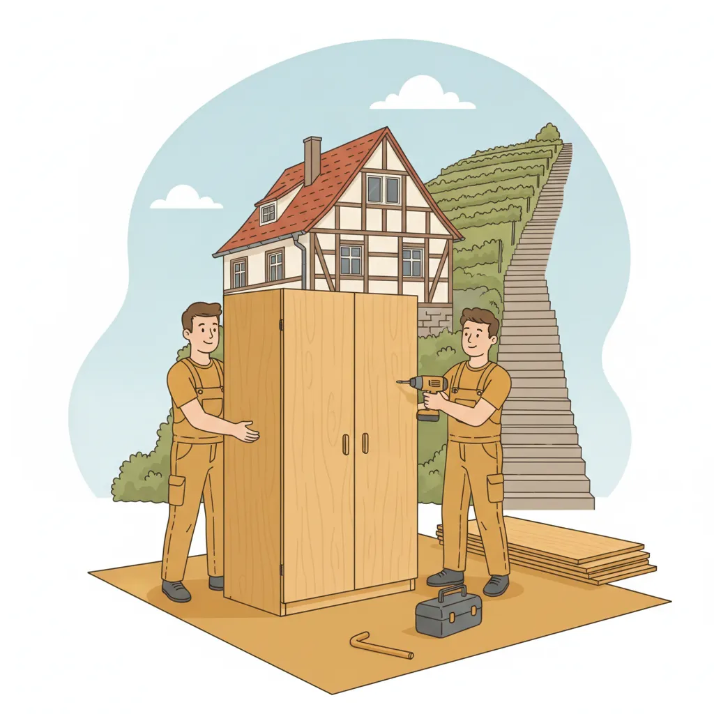 Comic-Illustration: zwei Monteure bauen einen Kleiderschrank vor einem Stuttgarter Hanghaus mit Stäffele und Weinberg im Hintergrund auf – Möbelmontage in Stuttgart
