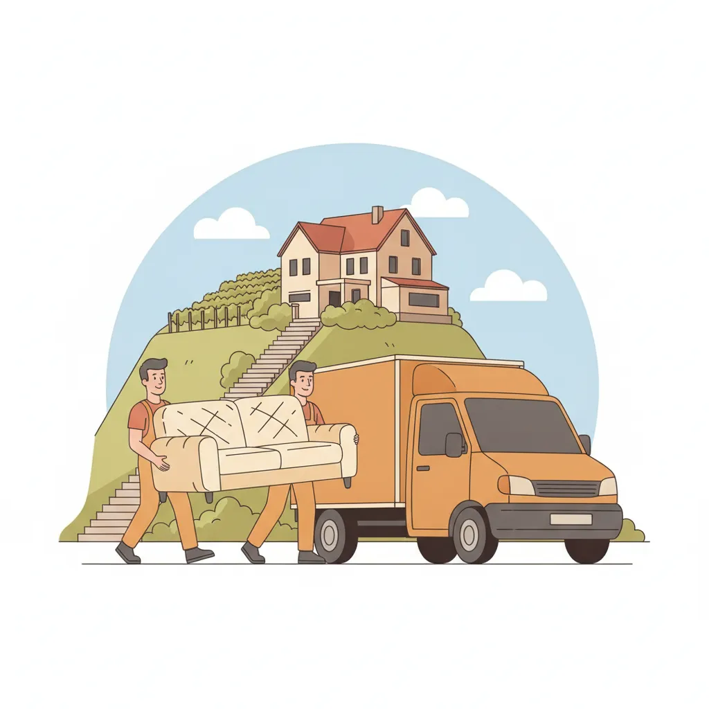 Comic-Illustration: zwei Träger laden ein gepolstertes Sofa in einen kompakten Transporter vor einem Stuttgarter Hanghaus mit Weinberg und Treppenstaffel im Hintergrund – Möbeltaxi in Stuttgart