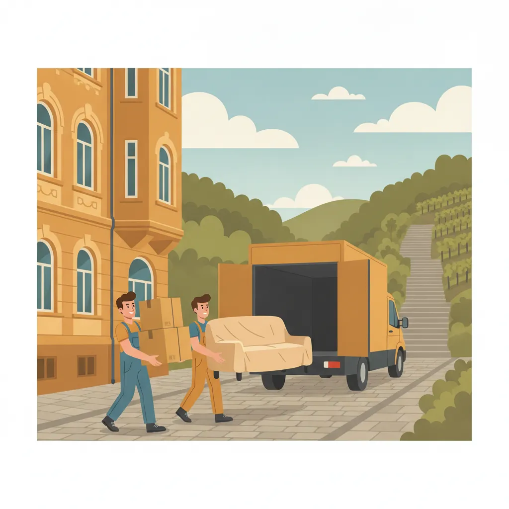 Comic-Illustration: zwei Träger verladen gepolsterte Umzugskartons und ein Sofa in einen geschlossenen Kastenwagen vor einem Stuttgarter Altbau in einer engen Hanglage mit Treppenstaffel (Stäffele) – Stadtumzug in Stuttgart