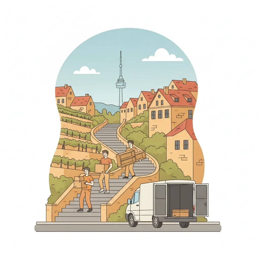 Comic-Illustration: drei junge Umzugshelfer tragen Umzugskartons und ein Bücherregal eine Stuttgarter Treppenstaffel (Stäffele) am Hang hinunter zu einem Transporter, im Hintergrund die Kessellage mit Weinberg – studentische Umzugshelfer in Stuttgart