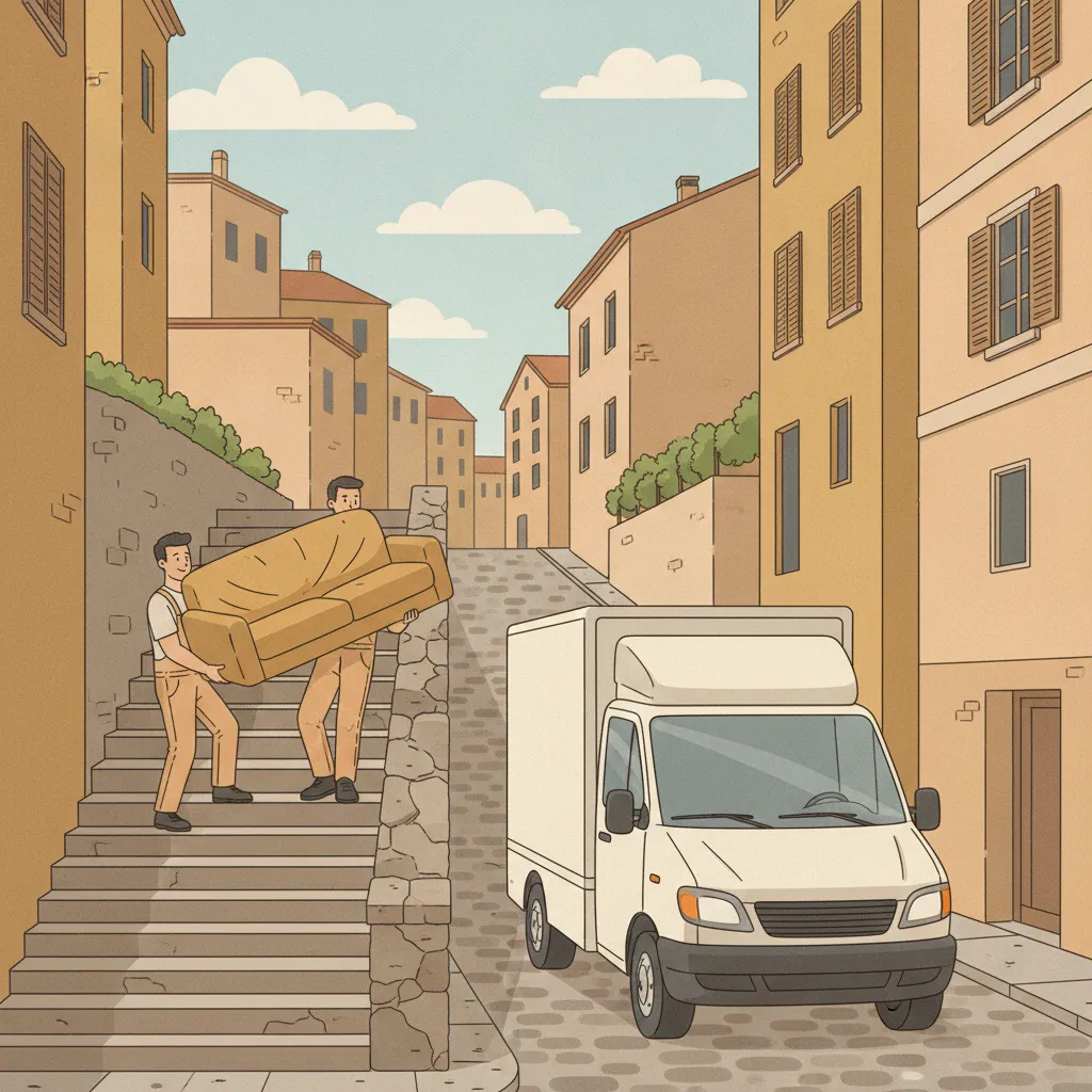 Comic-Illustration: zwei Träger heben gemeinsam ein gepolstertes Sofa über eine steile Treppenstaffel in einen offenen Transporter – Tragehilfe in Stuttgart vor Hangbebauung am Kessel