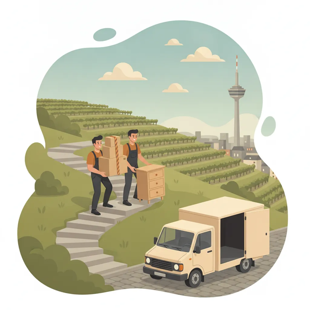 Comic-Illustration: zwei Umzugshelfer in Arbeitskleidung tragen gemeinsam einen Karton und eine Kommode aus einem Stuttgarter Hanghaus eine Treppenstaffel hinab zum Transporter, im Hintergrund die Weinberge und der Fernsehturm – Umzugshelfer in Stuttgart