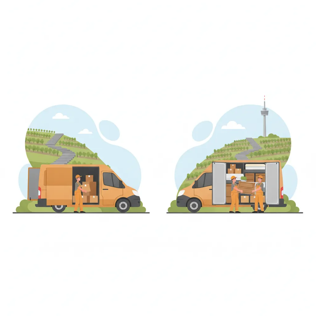 Comic-Illustration: ein gemieteter Kastenwagen und daneben ein Beiladungs-Transporter mit Möbeln auf gemeinsamer Tour vor einer Stuttgarter Hanglage mit Stäffele-Treppen, Weinbergen und dem Fernsehturm – Umzugswagen mieten oder Beiladung in Stuttgart