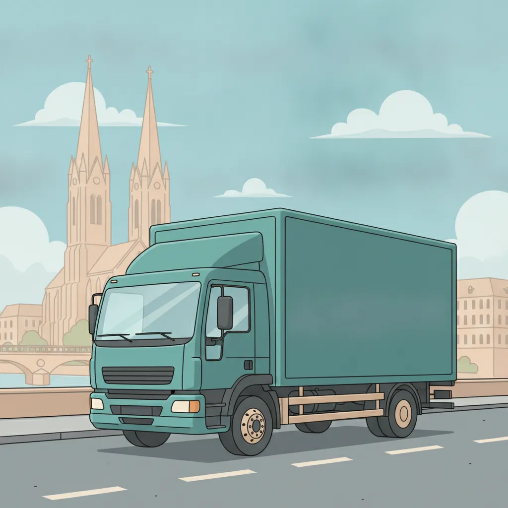 Comic-Illustration: geschlossener Umzugstransporter erreicht Basel – Beiladung von Stuttgart nach Basel