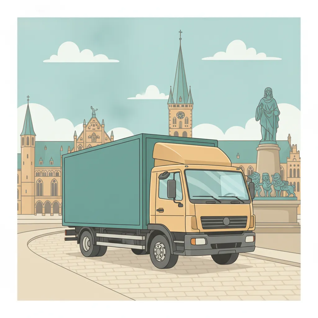 Comic-Illustration: geschlossener Umzugstransporter erreicht Bremen – Beiladung von Stuttgart nach Bremen