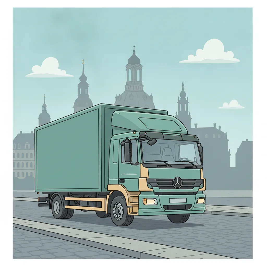Comic-Illustration: geschlossener Umzugstransporter erreicht Dresden – Beiladung von Stuttgart nach Dresden