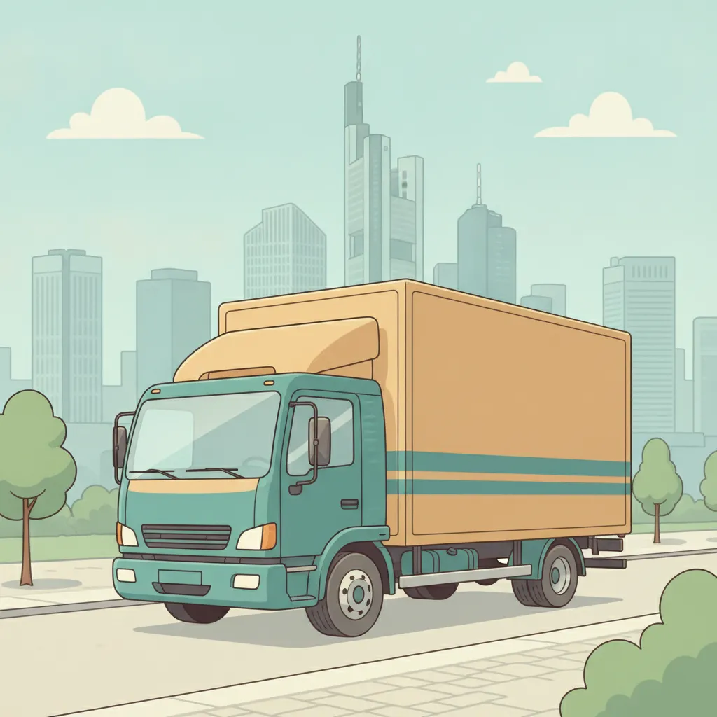 Comic-Illustration: geschlossener Umzugstransporter erreicht Frankfurt – Beiladung von Stuttgart nach Frankfurt