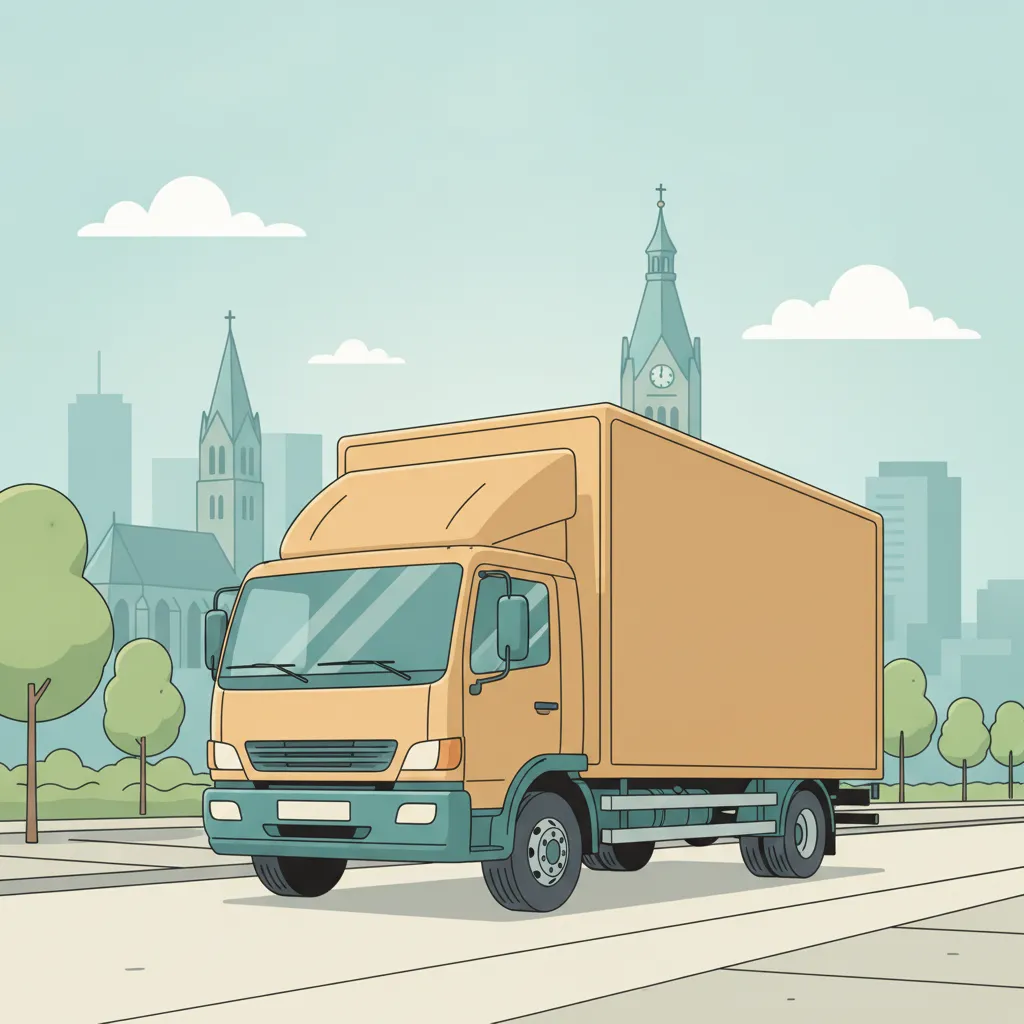 Comic-Illustration: geschlossener Umzugstransporter erreicht Hannover – Beiladung von Stuttgart nach Hannover