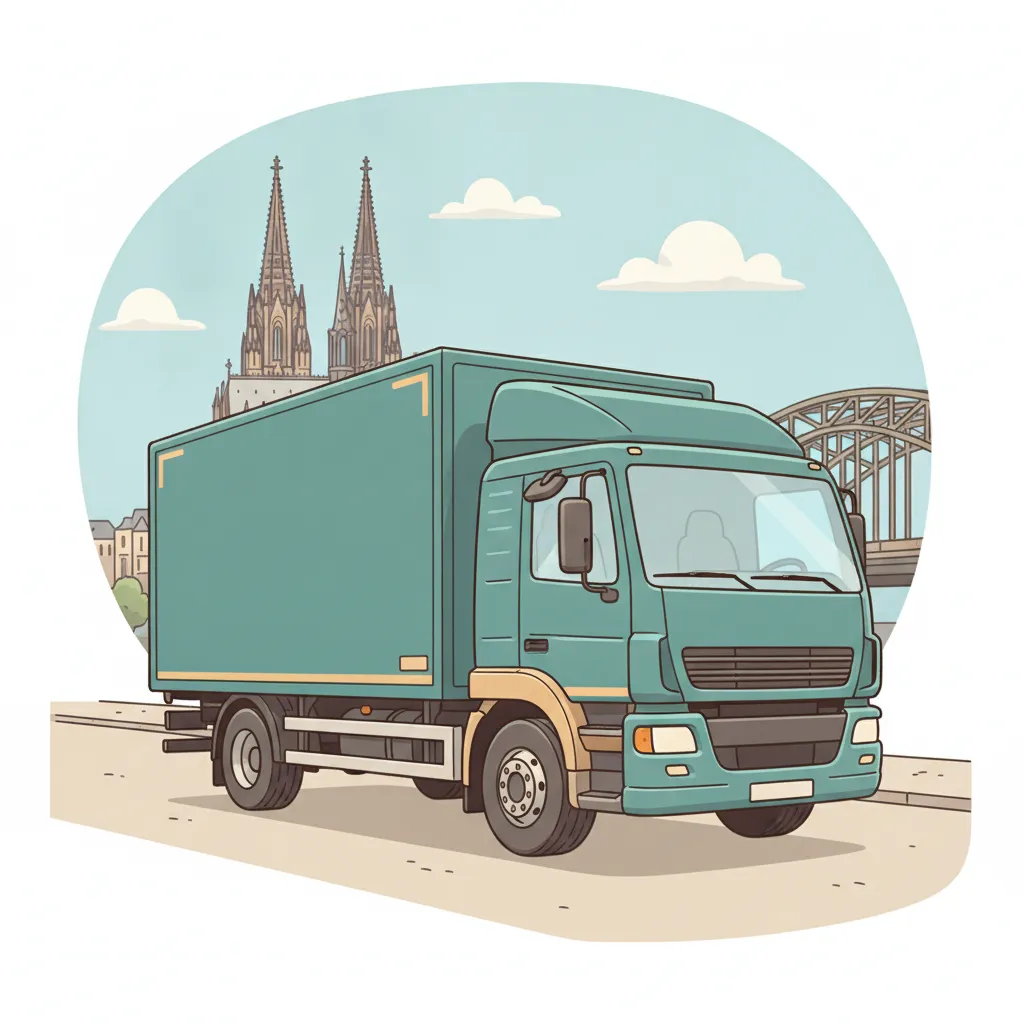 Comic-Illustration: geschlossener Umzugstransporter erreicht Köln – Beiladung von Stuttgart nach Köln
