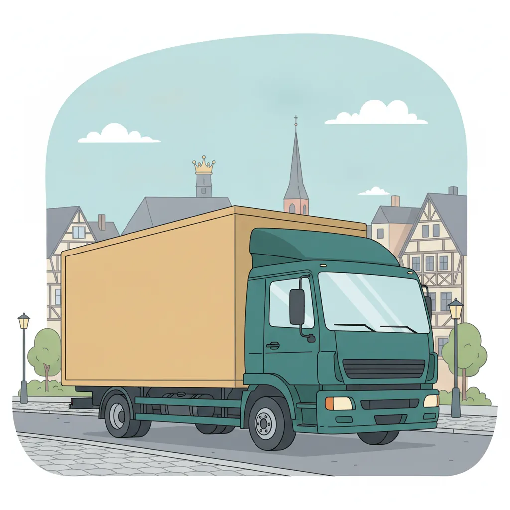 Comic-Illustration: geschlossener Umzugstransporter erreicht Siegen – Beiladung von Stuttgart nach Siegen